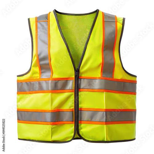 High visibility safety vest with reflective stripes on transparent background