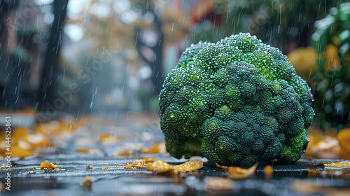  Close-up of a broccoli head on a damp surface, with raindrops falling and trees in the background