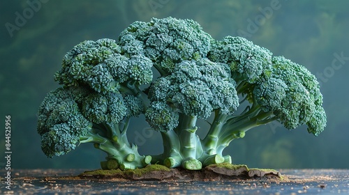  A broccoli sits on a wooden table with a green background