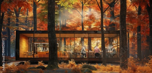 A cozy coffee shop tucked away in a forest clearing, surrounded by trees displaying vibrant autumn colors. Through the windows, patrons can be cups of coffee while admiring the natural beauty