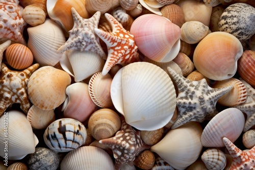 Close-up of mixed sea shells and starfish, perfect for marine-themed backgrounds
