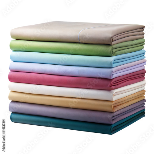 Stack of colorful folded bed sheets on transparent background