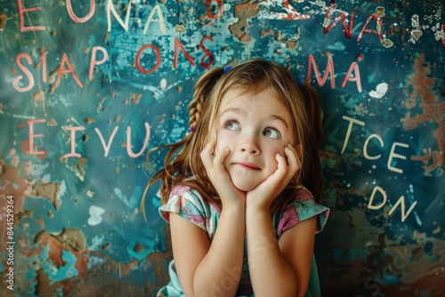 Little girl and letters on grunge background. Speech therapy concept