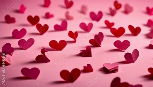 Paper hearts in shades of pink & red scattered on a soft pink backdrop, celebrating Valentine's Day.