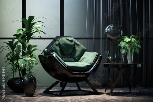 Modern chair with a pillow and two green plants in pots as an interior elements