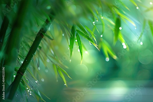 Close-up shot of dewy bamboo leaves in a lush green forest, captured in soft focus with a dreamy, tranquil background.