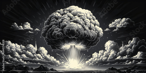 Nuclear explosion mushroom cloud illustration.