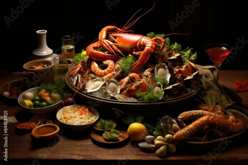 Elegant spread of lobster, shrimp, mussels, and oysters served in a rustic setting