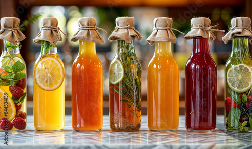 bottles of aromatic water with fruits and vegetables, homemade natural vitamin infused water 