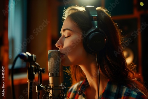 photo of a woman with headphones recording a song in the studio