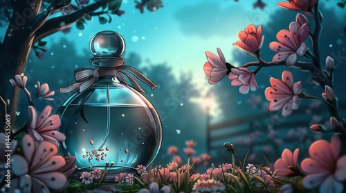  A glass bottle adorned with a bow sits amidst a sea of blooms, framed by a fence