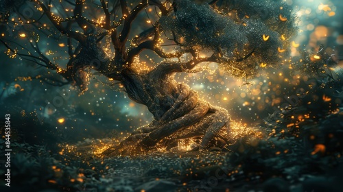 Enchanted glowing tree with magical lights, fantasy forest scene filled with mystic atmosphere and golden sparkles at night.