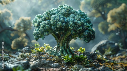  Broccoli on rock, trees behind, foggy air