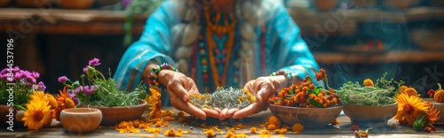 Spiritual herbalist cradles herbs and flowers in a ritual ceremony, blending tradition and nature for holistic wellness. The air is filled with soothing incense, creating a healing atmosphere. Shaman