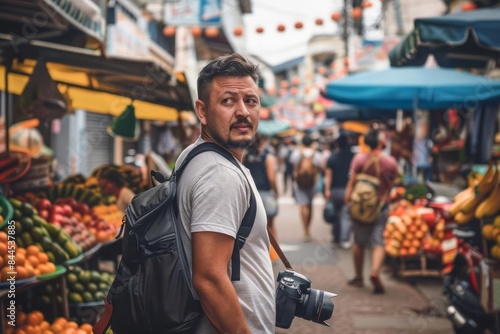 A digital nomad taking a break from work to explore a local market with a camera around their neck and a laptop bag slung over their shoulder