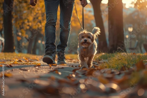 A person walking their dog in a park with the pet happily trotting alongside highlighting the daily routine of exercise and bonding