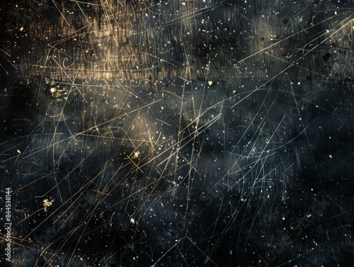 A black background with scattered scratches and dust, creating an abstract texture. 