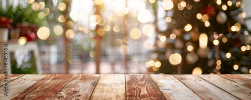 A wooden tabletop with a blurred background of Christmas lights