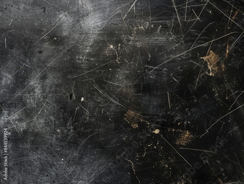 A black background with scattered scratches and dust, creating an abstract texture. 
