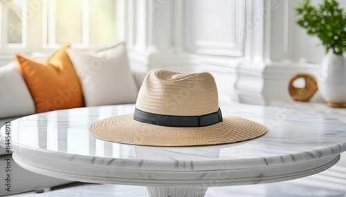 hat on the floor, Elegant white stone table with a summer hat in a chic white interior, White stone table with summer hat and white home interior with furnitures, summer hat