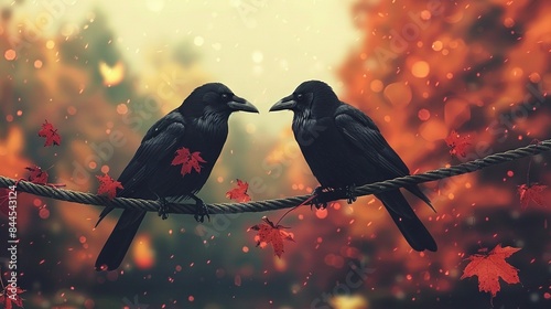  Two black birds perched on a rope adjacent to one another atop a green leaf-covered ground