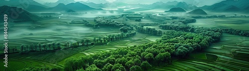 Aerial view of lush green forest, terraced fields, and misty mountains in the distance creating a tranquil and serene landscape.
