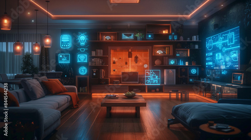 Illustration of the Internet of Things in a smart home with various connected devices and appliances. Immersive low-angle, wide-angle lens shot showcasing the entire room