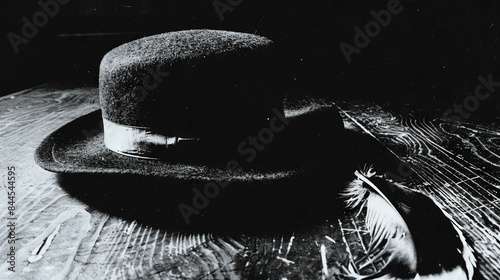  Wooden Hat atop Wood Plank with Feather on Ground