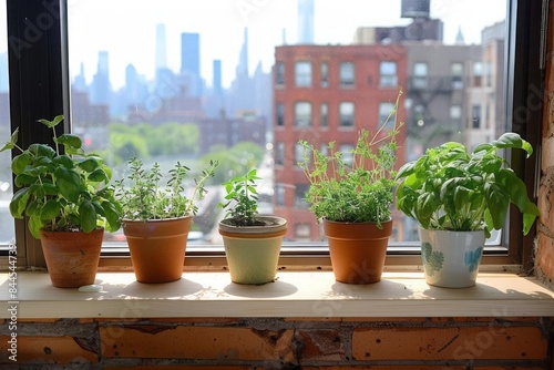 A kitchen windowsill filled with pots of fresh herbs with a cityscape visible through the window emphasizing indoor urban gardening