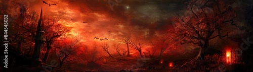 Haunting dark forest with red sky, barren trees, and chilling atmosphere, creating a perfect setting for horror stories and Halloween themes.