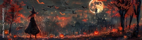 Eerie Halloween night with a witch silhouette, pumpkins, and glowing moon in a dark forest setting, filled with mystery.