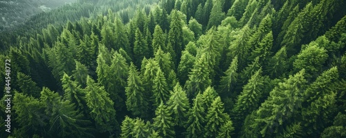Aerial view of dense green pine forest with tall evergreen trees creating a serene and lush natural landscape, perfect for nature and forest lovers.