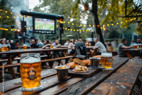 Pints and snacks in a festive beer garden in the background you can see a blurry screen with a soccer match
