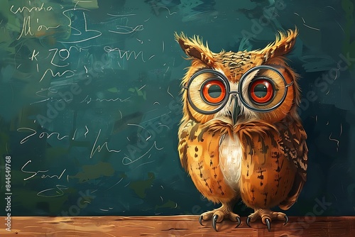 An intelligent owl with glasses perched in front of a chalkboard, symbolizing wisdom, knowledge, and the pursuit of education.