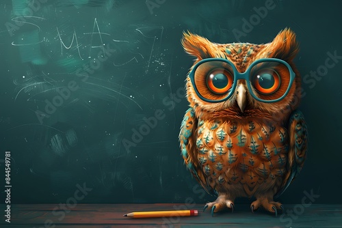 An intelligent owl with glasses stands before a chalkboard, symbolizing wisdom, education, and the pursuit of knowledge.