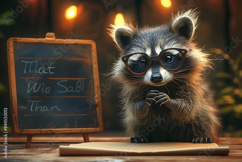 A cute raccoon wearing glasses sits attentively at a desk, paws resting on an open book, with a blackboard behind it. The image evokes a sense of studiousness and the pursuit of knowledge.