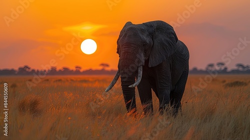 A large elephant stands in a field of tall grass, with the sun setting in the background
