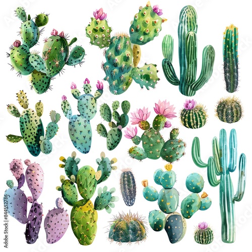 Colorful watercolor illustrations of various cacti and succulent plants, ideal for botanical and nature-themed design projects.