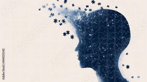 Brain shaped jigsaw puzzle on white background, mental illness and brain disorder, illustration 