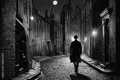 A man in a black coat and bowler hat walks along a night alley