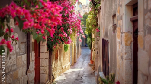 A narrow alley in an ancient Mediterranean town with vibrant Bougainvillea weaving up the walls, creating a colorful canopy that adds a magical touch to the rustic charm.