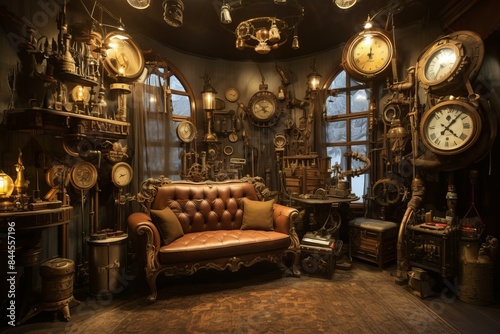 Step into a warm and cozy vintage clockmaker's workshop interior with elegant lighting, leather sofa, and intricate timepieces