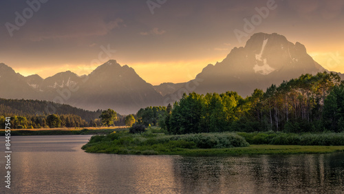 Sunset - Oxbow Bend at Grand Teton National Park - views of Mount Moran reflected in the Snake River