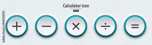 A set of white round buttons with calculator symbols. Add icon, minus, multiply, divide, equal. 3D Neumorphism design style for Apps, Websites, Interfaces, and mobile apps. UI UX. Vector illustration.
