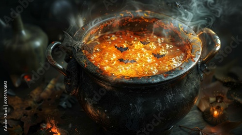 A bubbling potion of witches' brew simmering in a cast iron cauldron, complete with eye of newt and bat wings. 