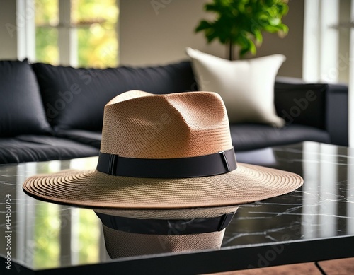Summer hat on a black stone table with modern black furnishings, black stone table with summer hat and black home interior with furniture, Summer hat isolated, chair and hat