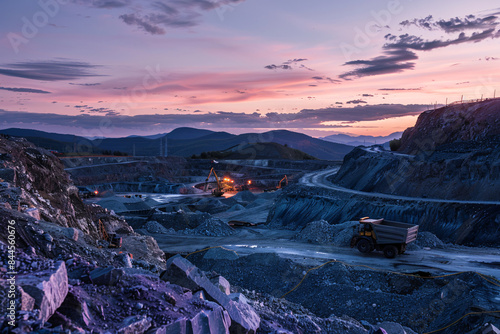 Mining site extracting neodymium, vital for semiconductor production, under twilight sky