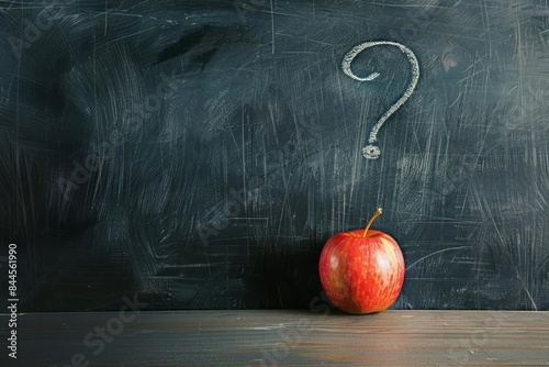 A sleek blackboard background with a single bright apple and a chalk drawn question mark symbolizing curiosity and the pursuit of knowledge