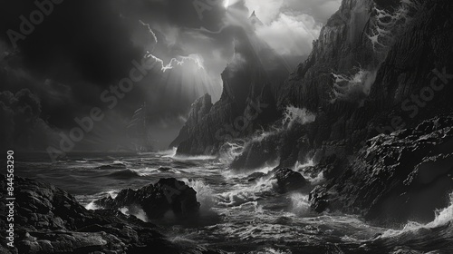 Dramatic Seascape with Lightning, Stormy Ocean and Rugged Cliffs