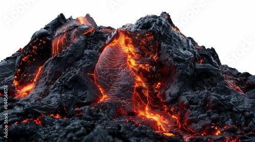 Molten lava flows down a volcanic mountain, isolated on a white background.